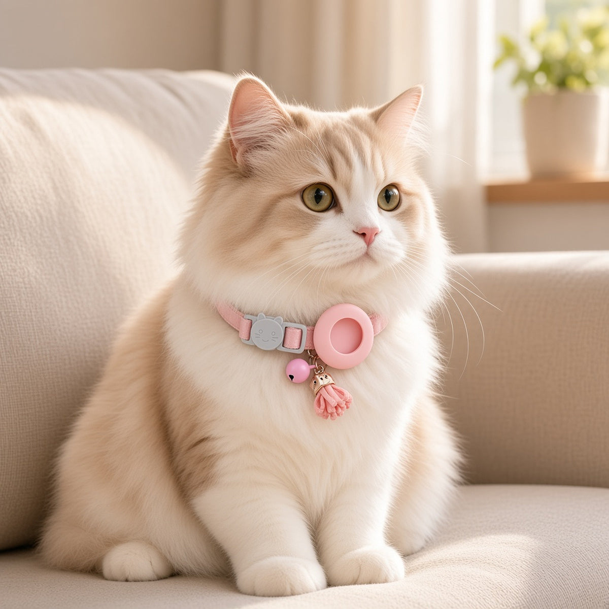 Cream cat wearing an ipetbliss blush velvet AirTag cat collar