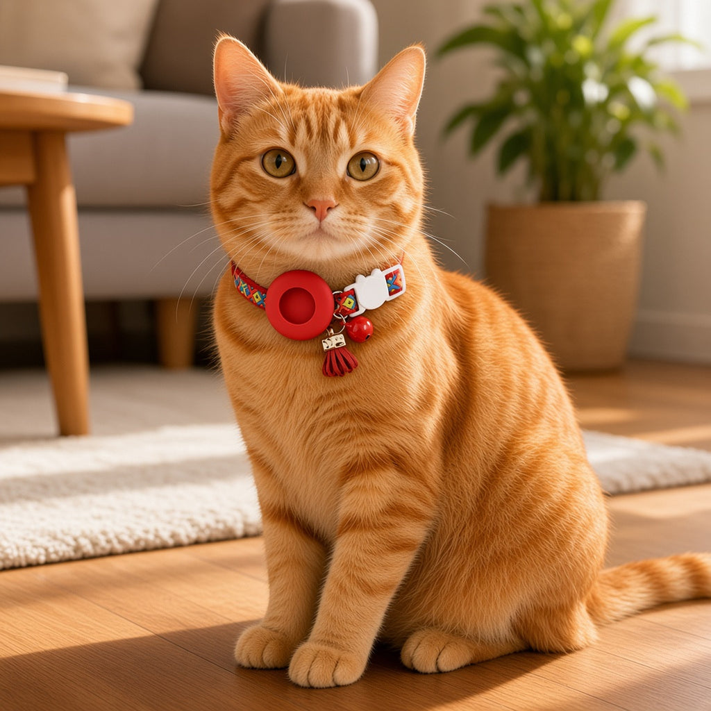 Orange tabby wearing an ipetbliss crimson folk-weave AirTag cat collar
