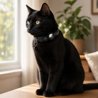 Black cat wearing an ipetbliss black paw-print AirTag collar