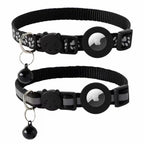 Two black AirTag cat collars with Apple AirTag inserted