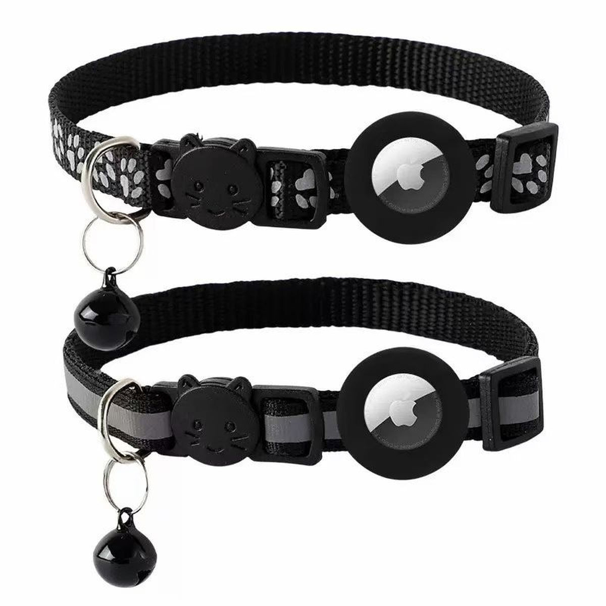 Two black AirTag cat collars with Apple AirTag inserted