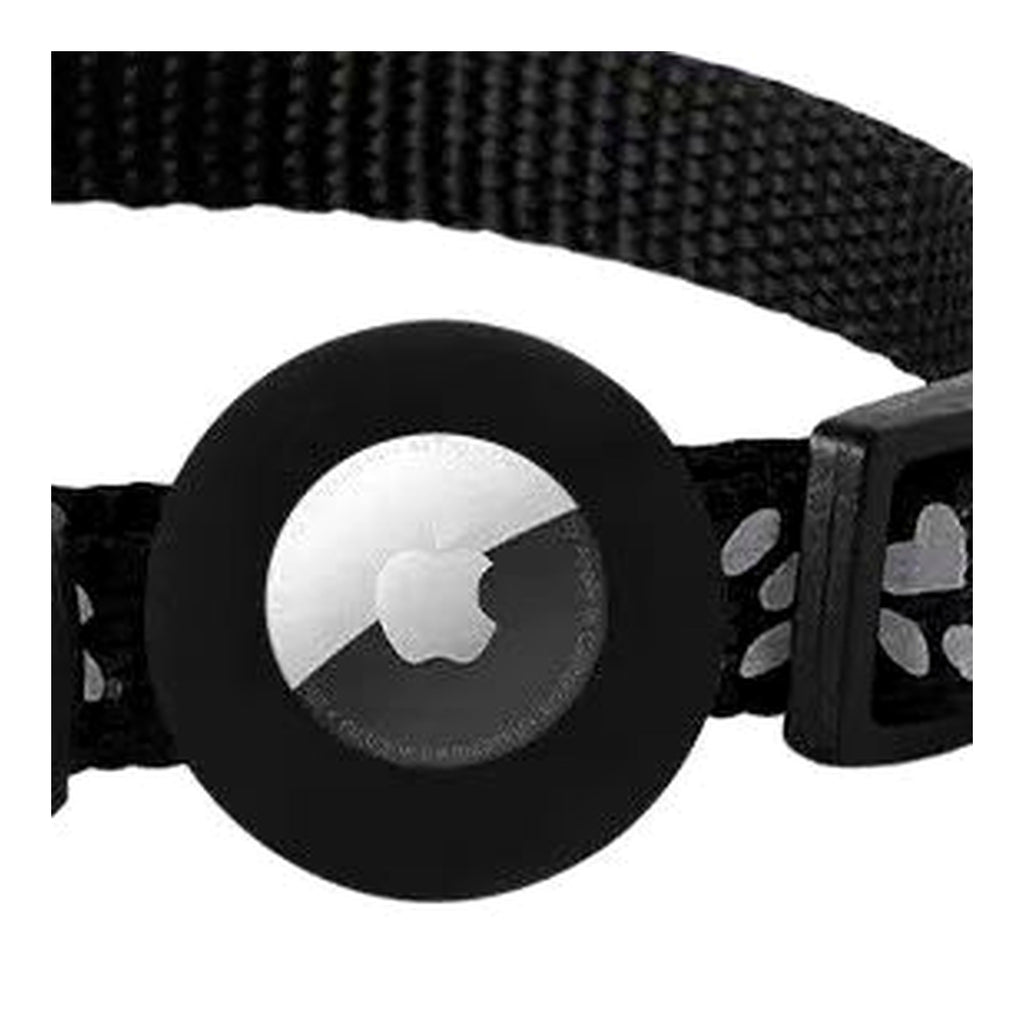 Apple AirTag seated inside the black silicone collar holder