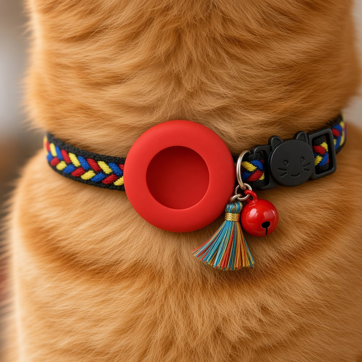 Close-up of a cat wearing the fiesta braid AirTag collar