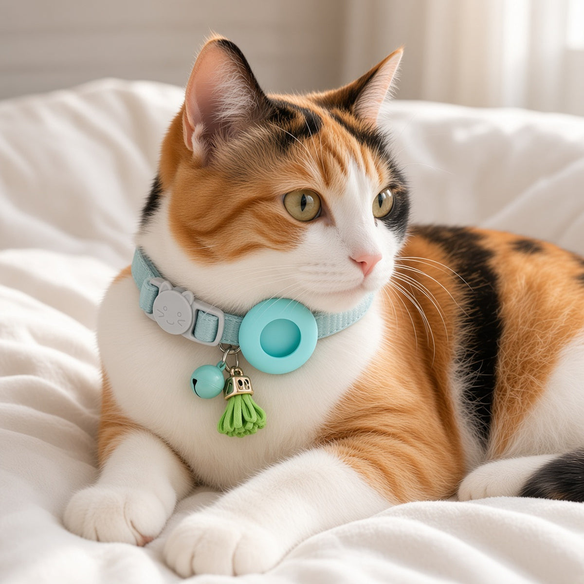 Calico cat wearing an ipetbliss mint velvet AirTag cat collar
