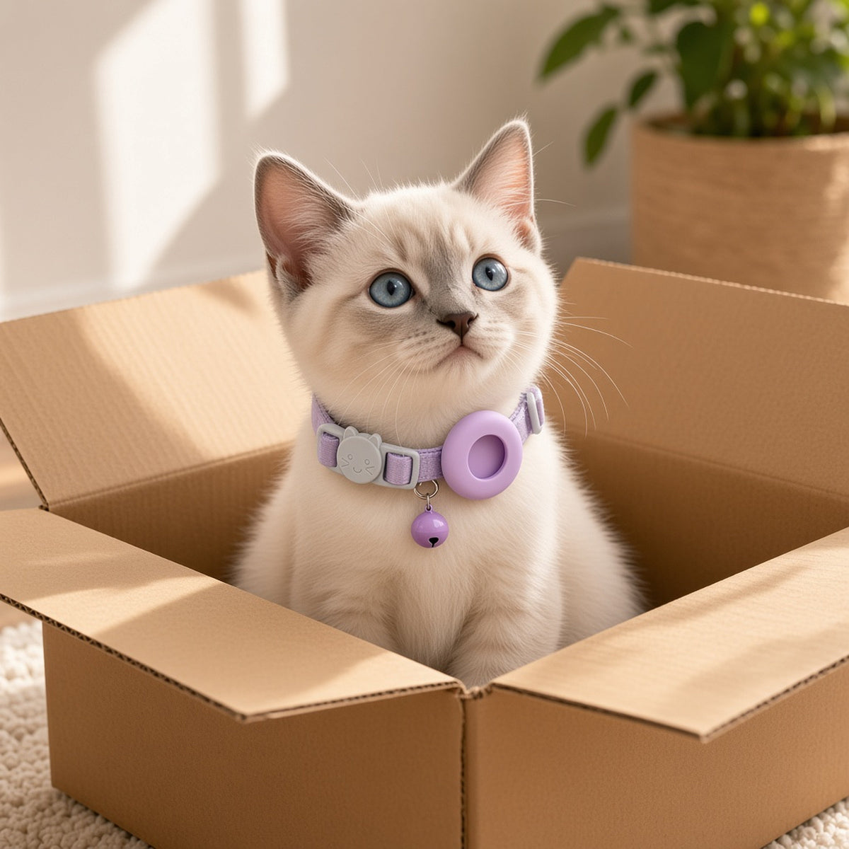 Kitten in a box wearing an ipetbliss lilac velvet AirTag cat collar