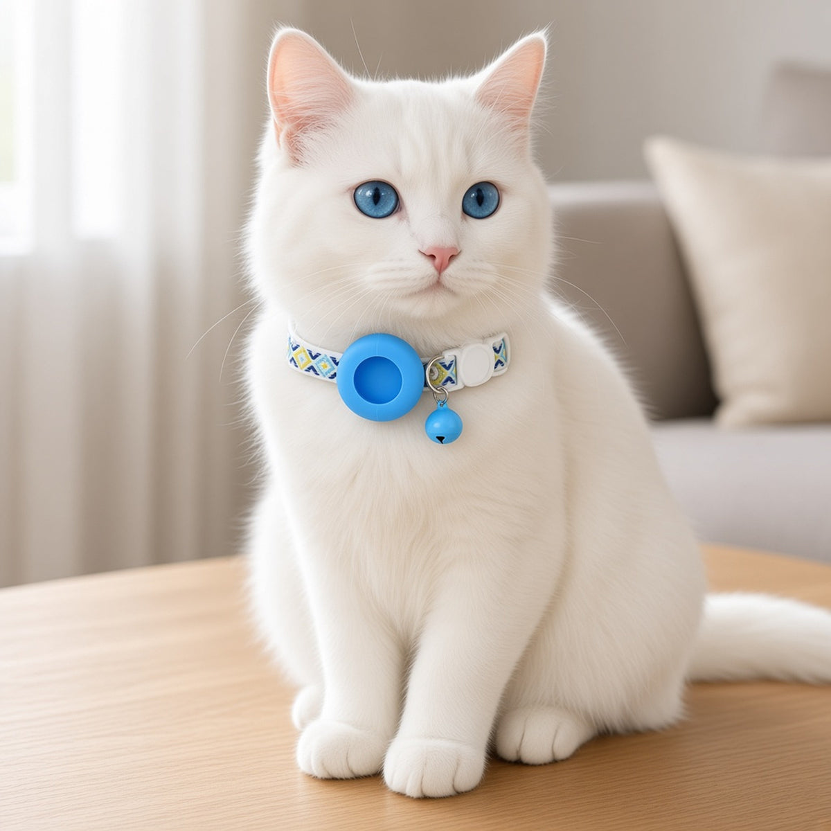 White cat wearing an ipetbliss coastal geo AirTag cat collar