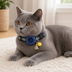 Gray cat wearing an ipetbliss navy folk-weave AirTag cat collar